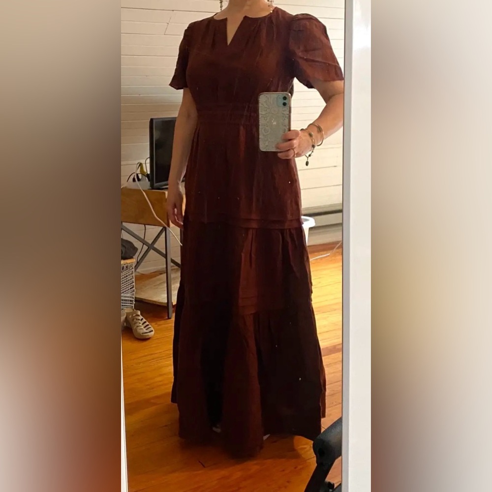 Quince 100% European Linen Tiered Maxi Dress Chocolate Rust - Picture 10 of 10